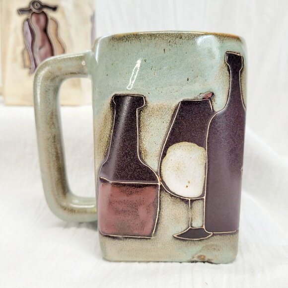 Handcrafted Stoneware Mugs Set Design By Mara Mexico With Chiles / Bottles - Picture 5 of 10